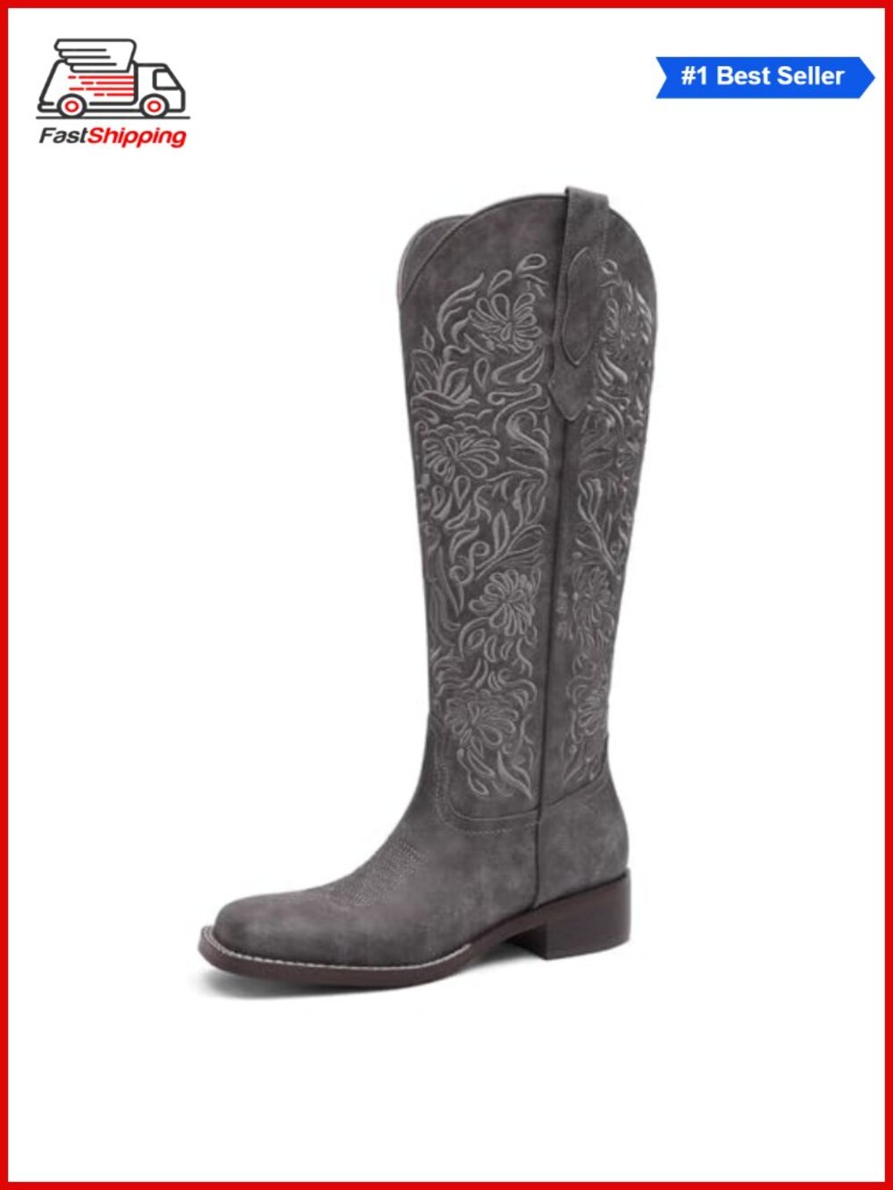 ✨ Embroidered Knee High Cowboy Boots Square Toe Low Block Heel Western Pull On